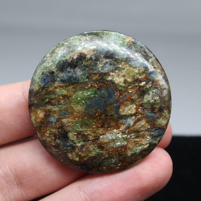 13.42 g, Fuchsite with Kyanite round cabochon